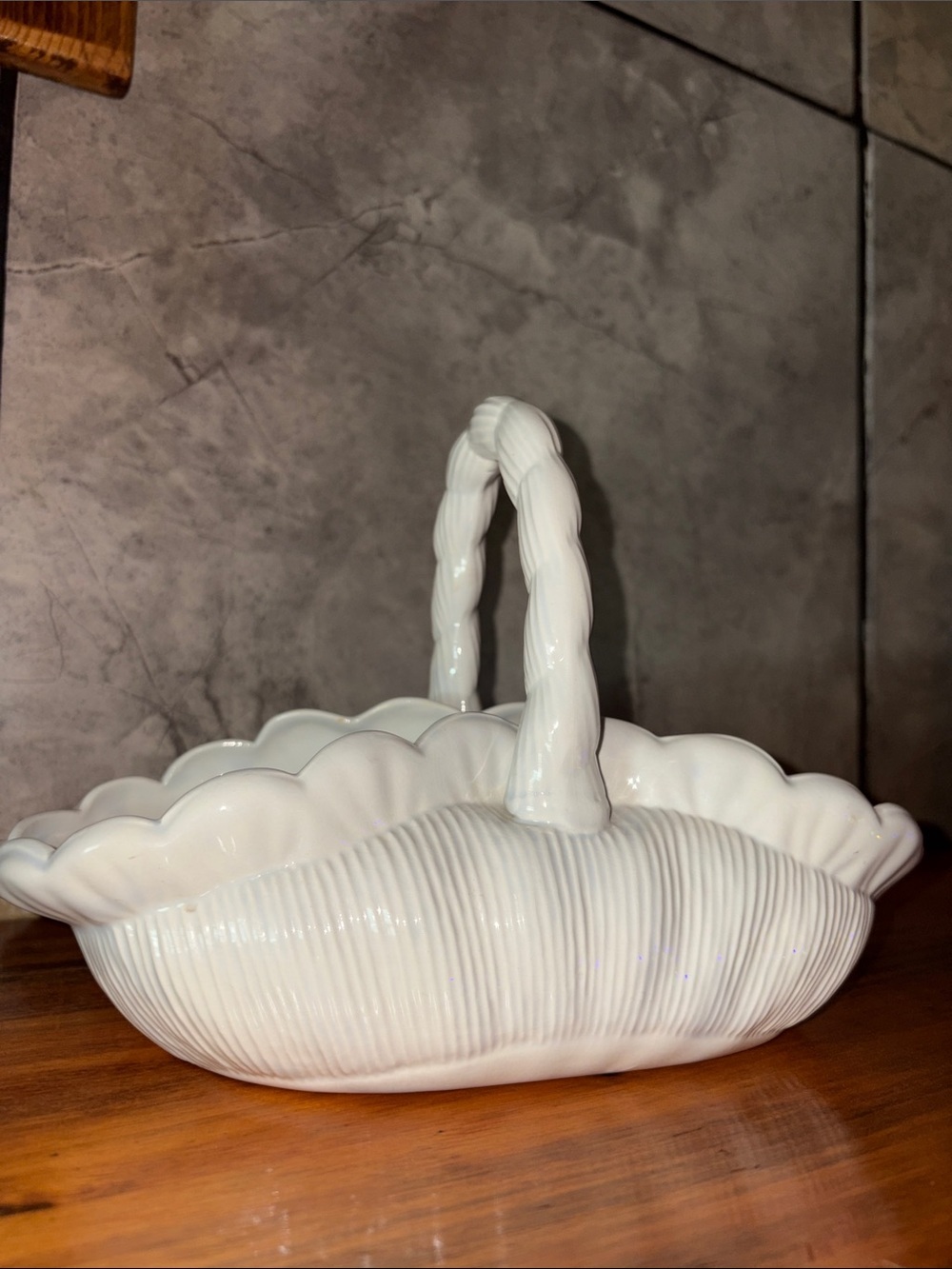 White Ceramic Basket Dish with Twisted Handle Handmade Unique Home Decor